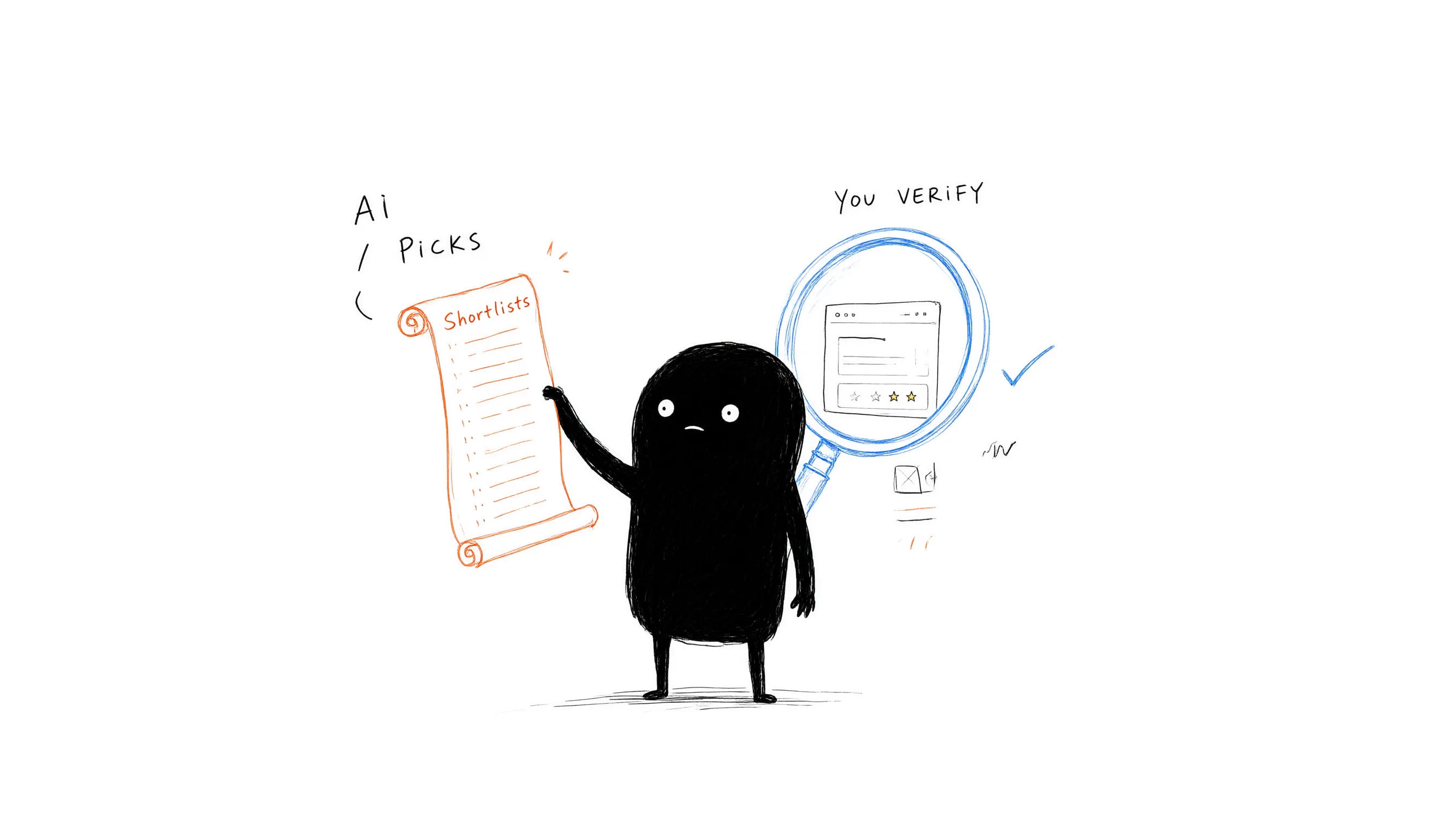 Xiaohei holds a shortlist scroll labeled by AI while a magnifying glass checks a website behind, illustration of the two-step buyer journey