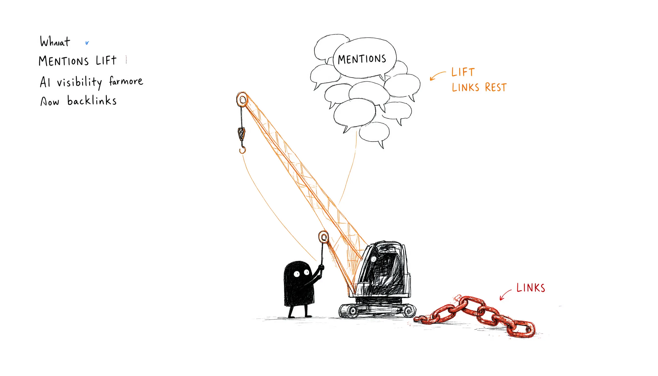 Xiaohei lifts speech bubbles with a crane while a chain lies slack, illustration of mentions vs links