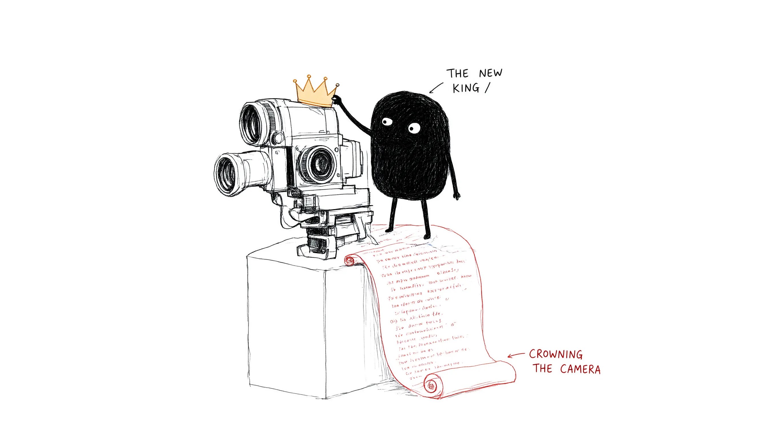 Xiaohei crowns a video camera as forum scrolls slip away, illustration of the citation-source flip